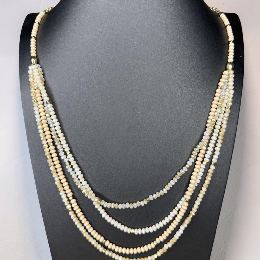 LOFT Layered Beaded Necklace Gold White Multi-Strand Signed Fashion Jewelry